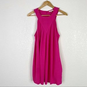 Entro Bright Pink High Neck Pleated Mini Swing Dress